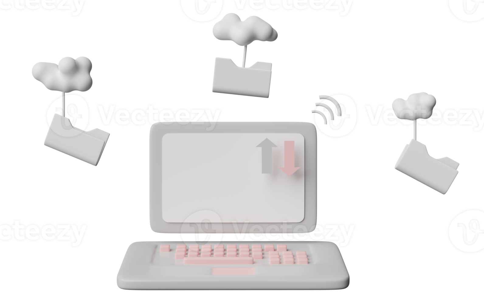 icono de carpeta en la nube con computadora portátil, wifi aislado. descarga de almacenamiento en la nube, transferencia de datos, concepto de red de conexión del centro de datos, ilustración 3d o presentación 3d png