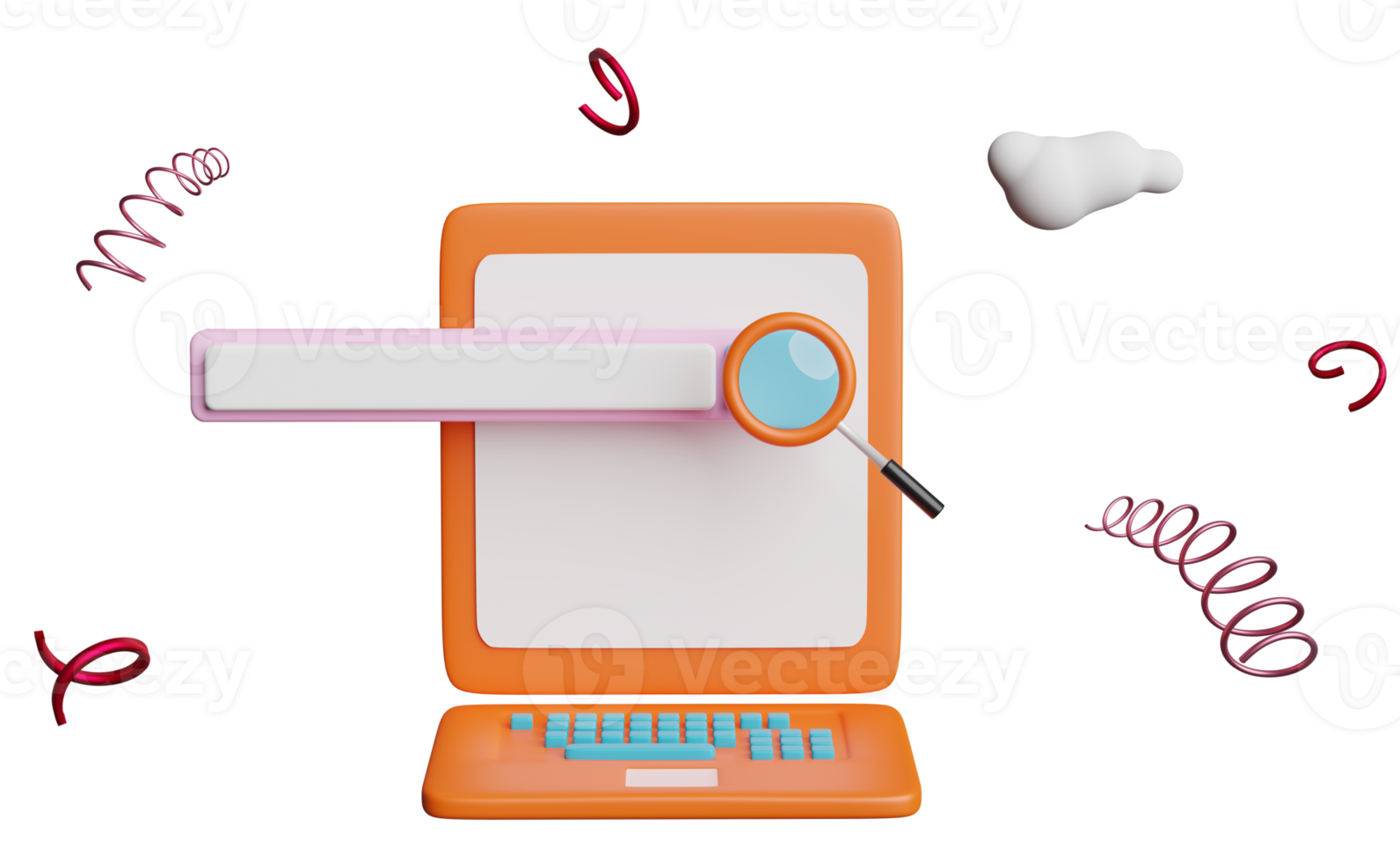 orange laptop computer monitor with blank search bar, magnifying glass, cloud isolated. minimal web search engine or web browsing concept, 3d illustration or 3d render png