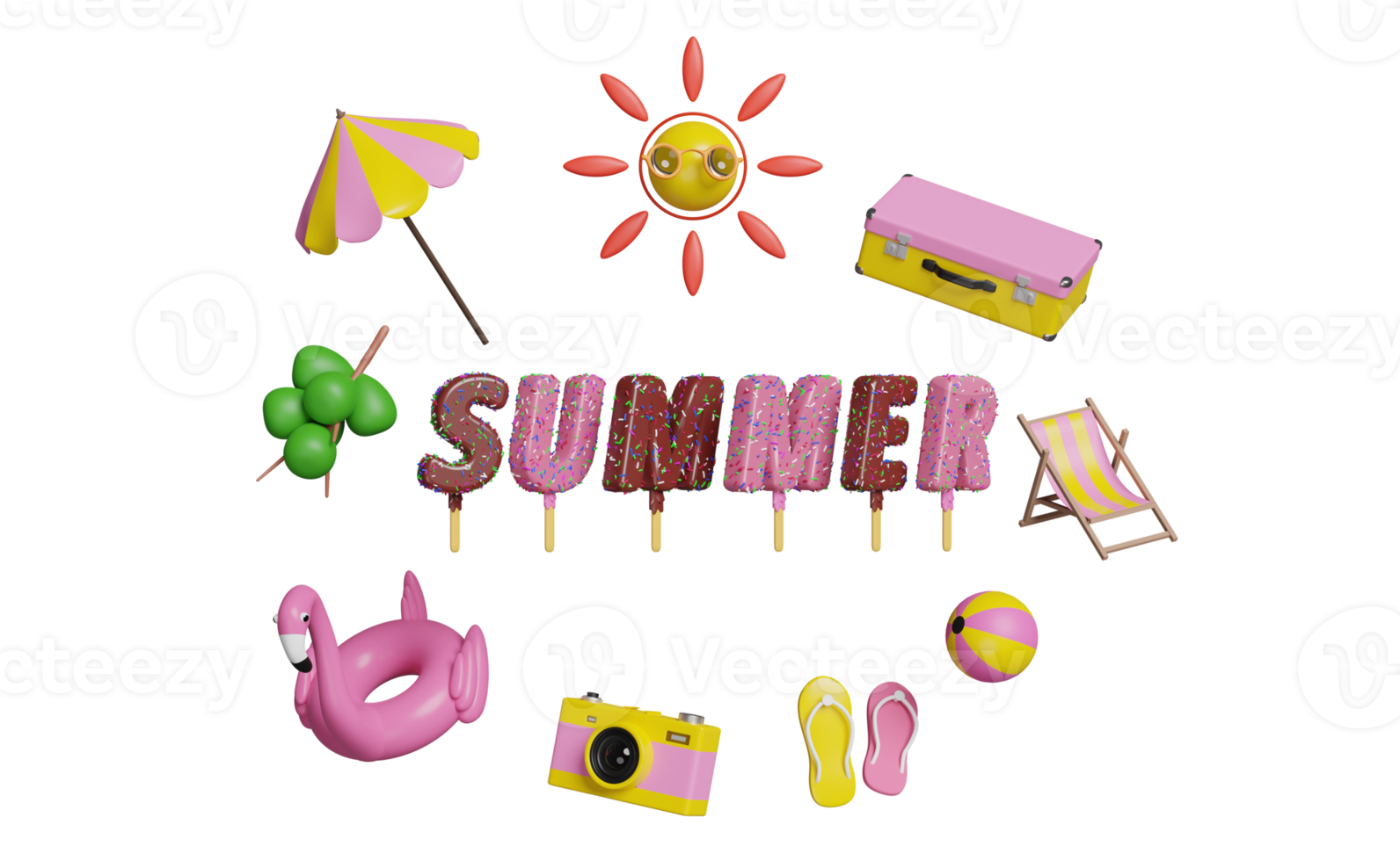 viajes de verano con maleta, silla de playa, sombrilla, flamenco inflable, palitos de helado, coco, sol, cámara, sandalias aisladas. concepto, ilustración 3d o renderizado 3d png