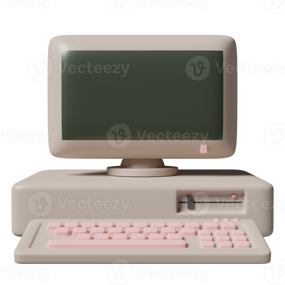 Old desktop computer monitor with blank screen, keyboard isolated. concept 3d illustration or 3d render png