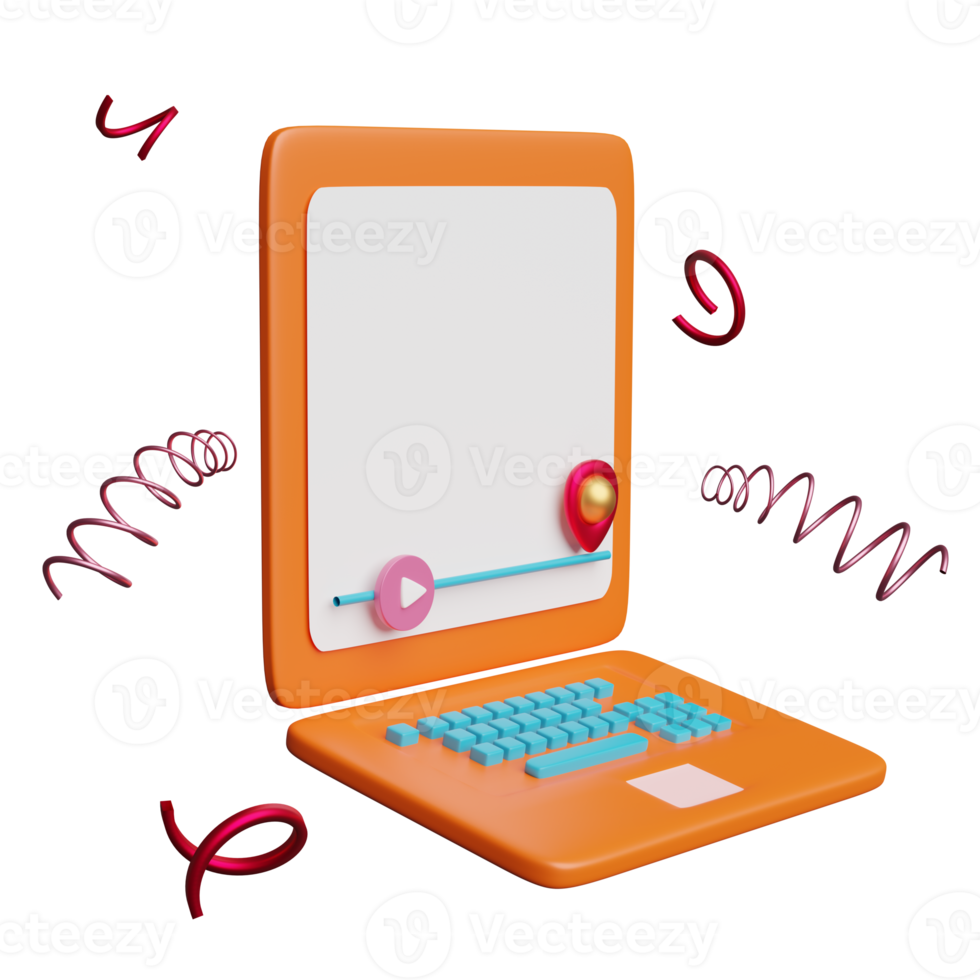 orange laptop computer with play bar, pin isolated. Online innovative education, e-learning concept, 3d illustration or 3d render png