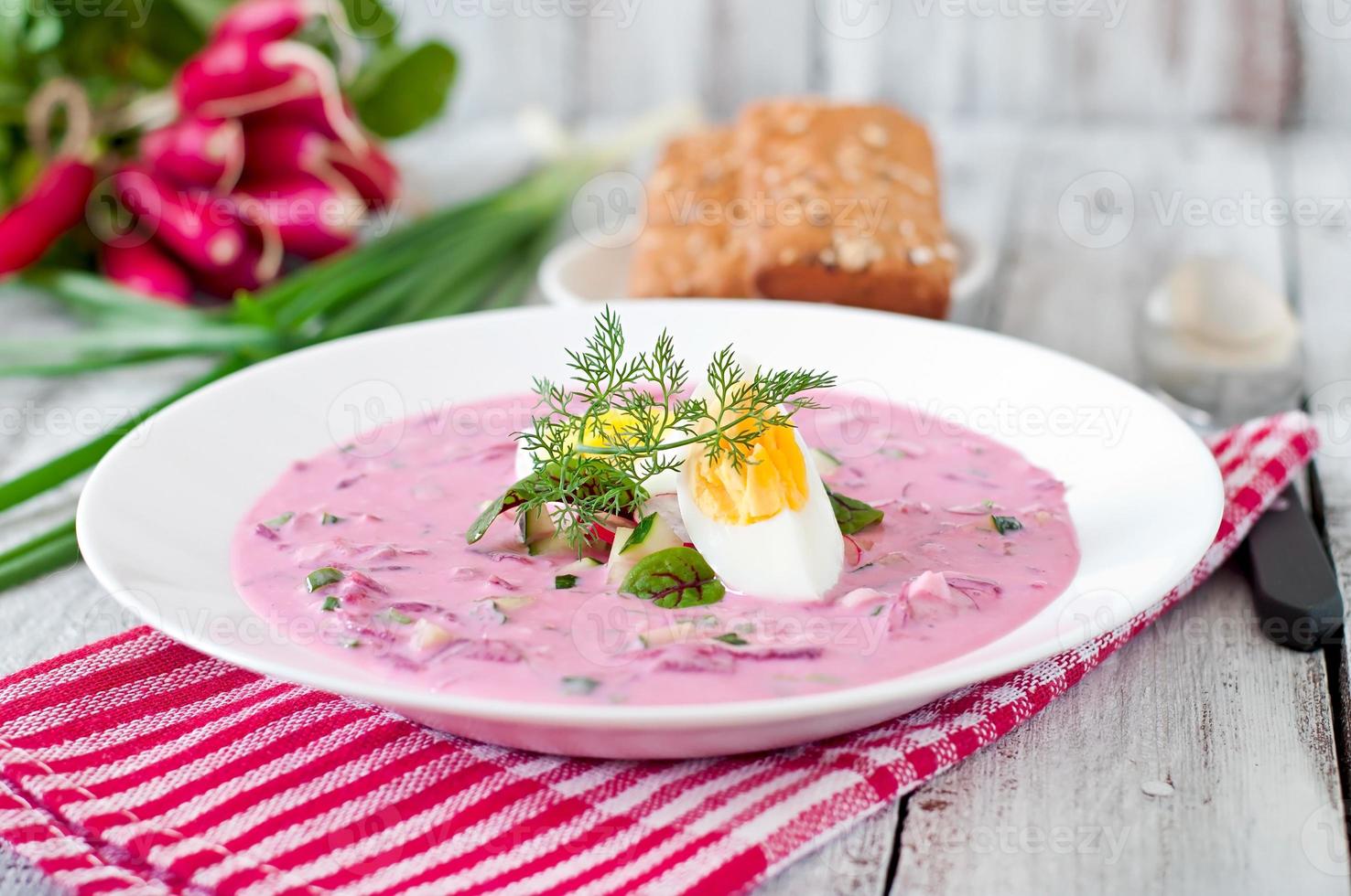 Cold beet soup on yogurt with egg, radishes and cucumbers photo