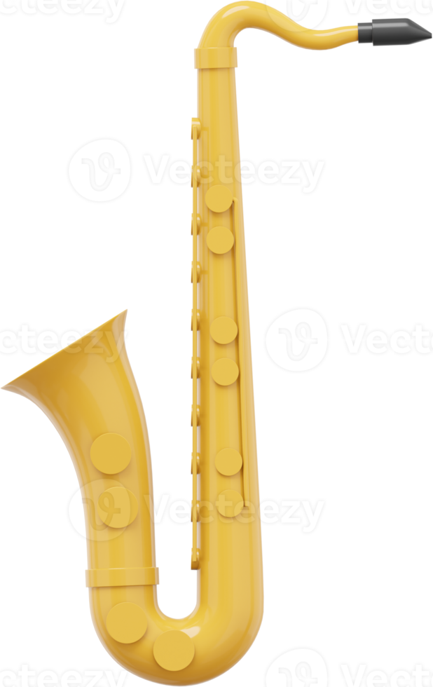 Yellow saxophone, musical instrument. 3d rendering. PNG icon on transparent background.