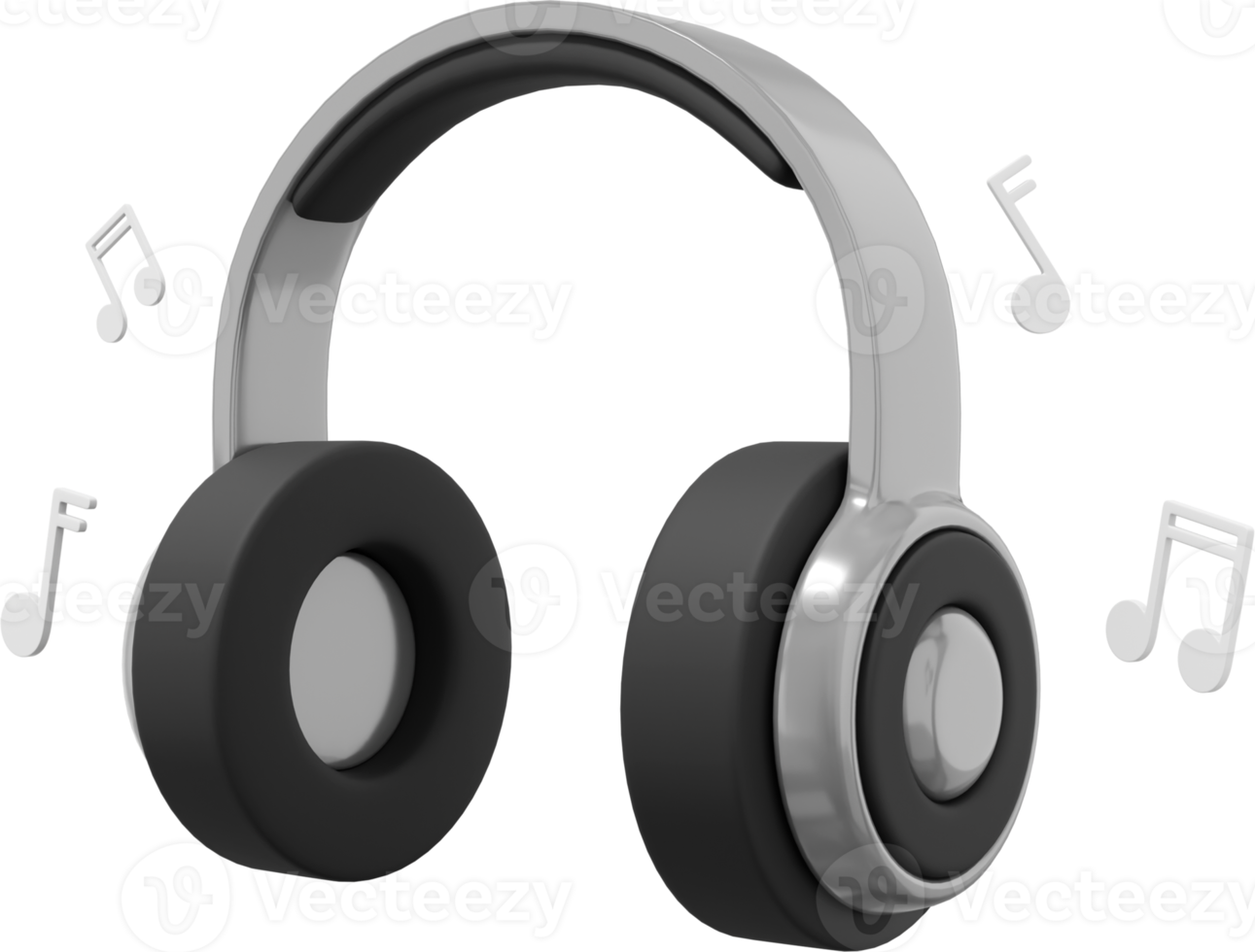 kabellose kopfhörer und fliegende musiknoten seitenansicht. graues PNG-Symbol auf transparentem Hintergrund. 3D-Rendering. png
