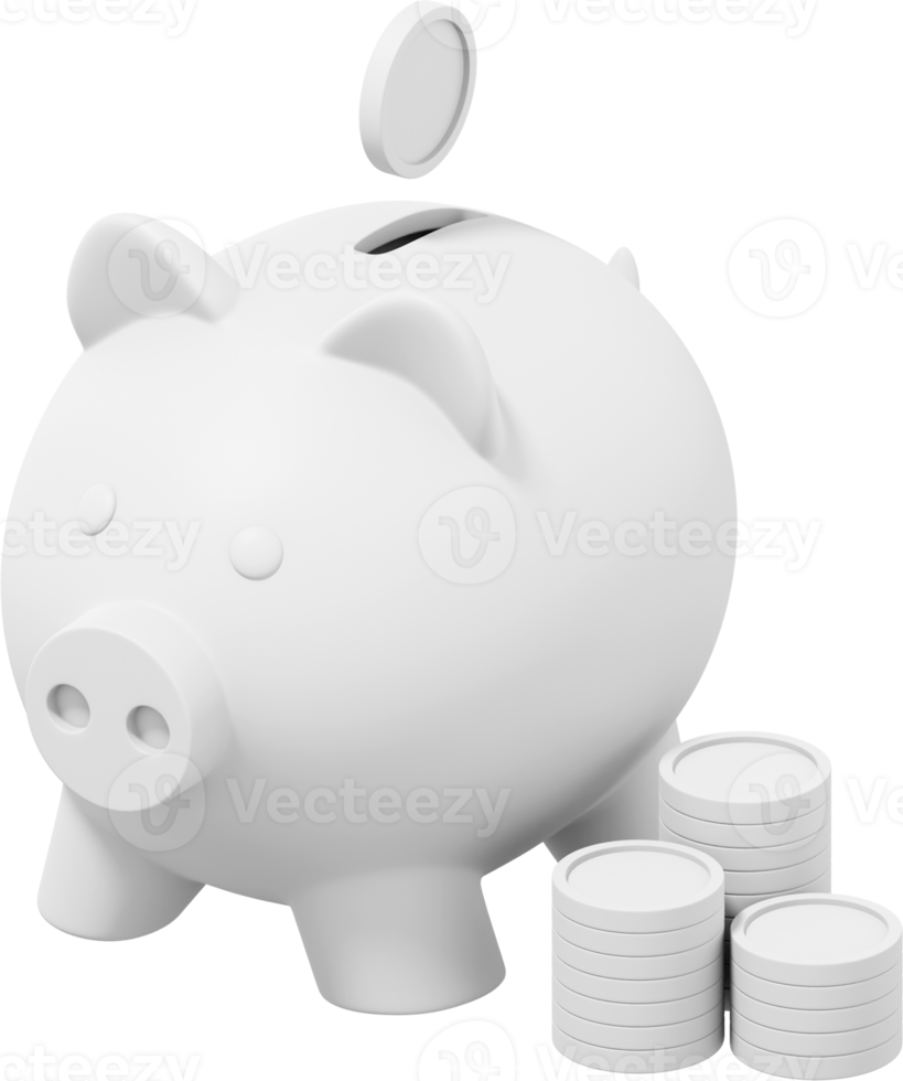 White piggy bank, dropping coins, stacks of money. PNG icon on transparent background. 3D rendering.