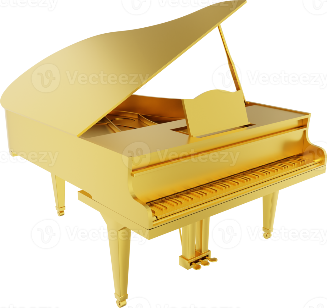 Grand piano gold metal, musical instrument. 3d rendering. PNG icon on transparent background.