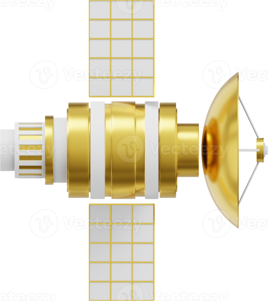 Space satellite with an antenna. Orbital communication station intelligence, research. 3D rendering. Metallic gold PNG icon on transparent background.