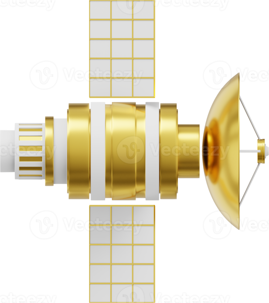 satélite espacial com uma antena. inteligência de estação de comunicação orbital, pesquisa. renderização 3D. ícone de png de ouro metálico em fundo transparente.