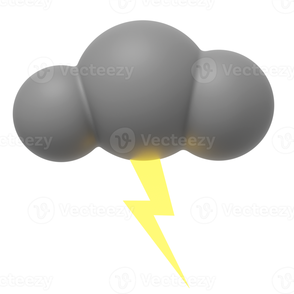 graue Cartoon-Wolke mit Blitz. 3D-Rendering. png-Symbol auf transparentem Hintergrund. png