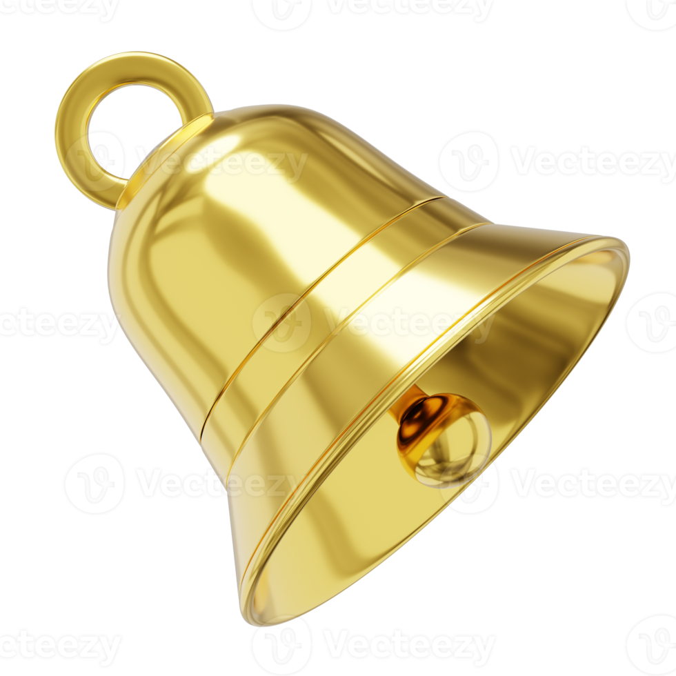 Bell metal gold, notification symbol. 3D rendering. PNG icon on transparent background.