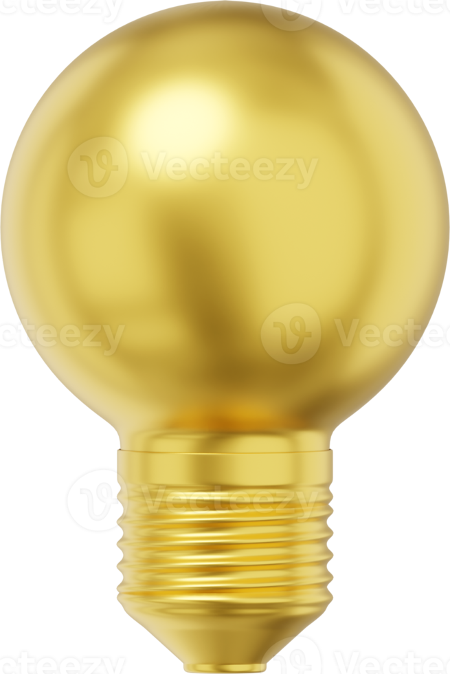 Realistic gold light bulb. 3D rendering. PNG Icon on transparent background