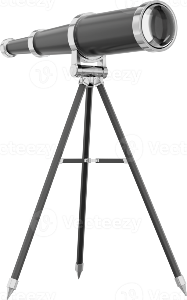 Realistic black telescope. 3d rendering. PNG icon on transparent background.