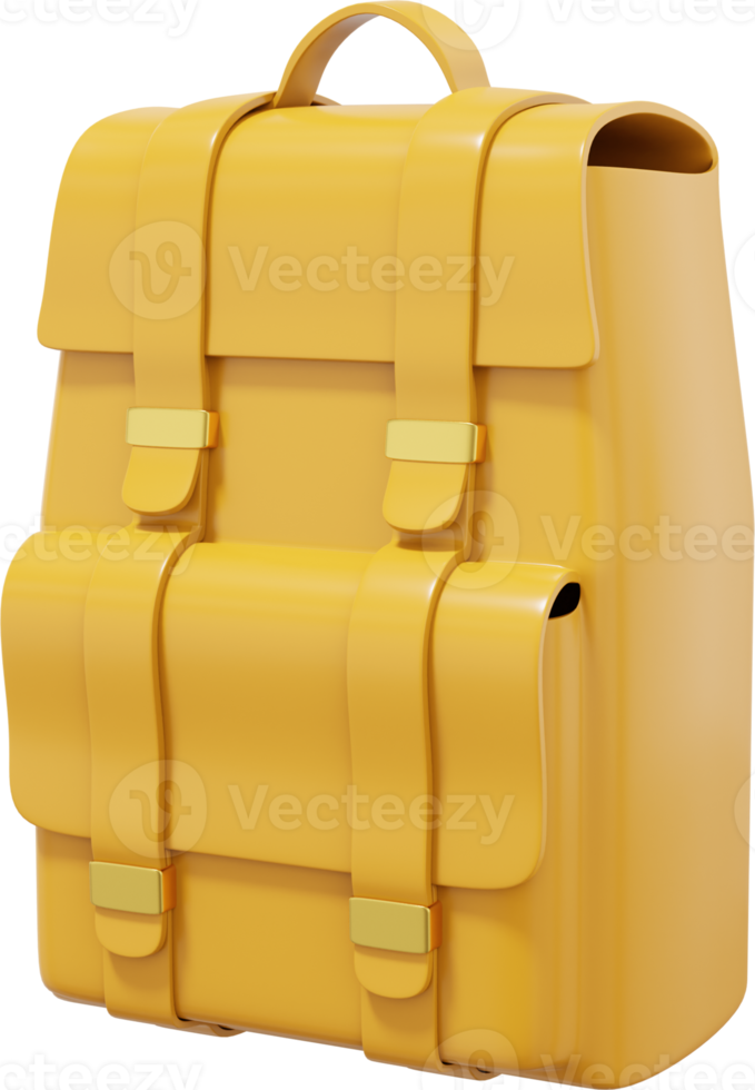 Hiking bag backpack for traveling yellow. PNG icon on transparent background. 3D rendering.