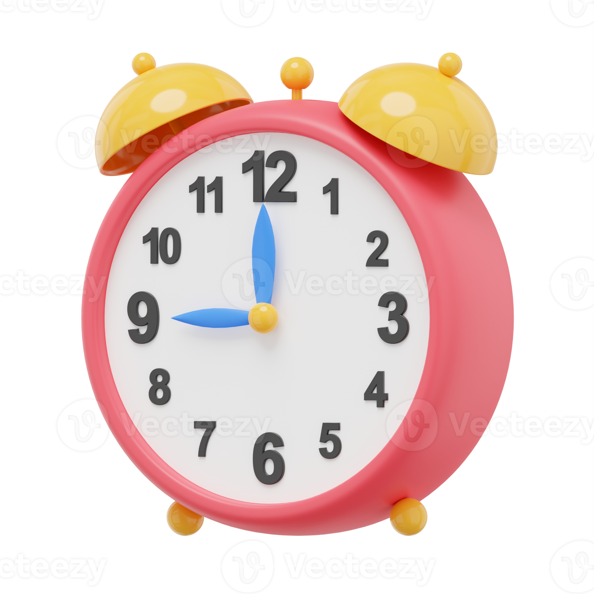 Multicolored vintage alarm clock, side view. 3D rendering. PNG icon on