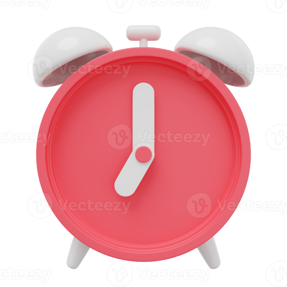 Minimal red cartoon alarm clock. 3D rendering. PNG icon on transparent background.