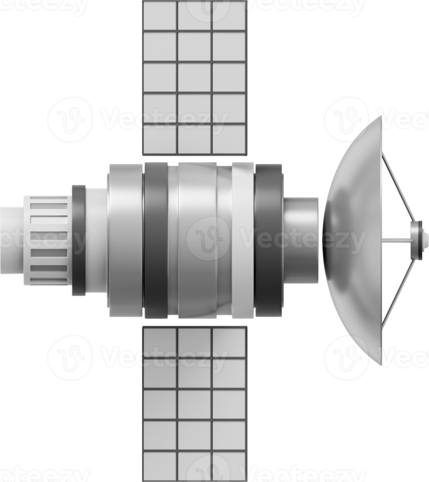 Space satellite with an antenna. Orbital communication station intelligence, research. 3D rendering. Metallic PNG icon on transparent background.