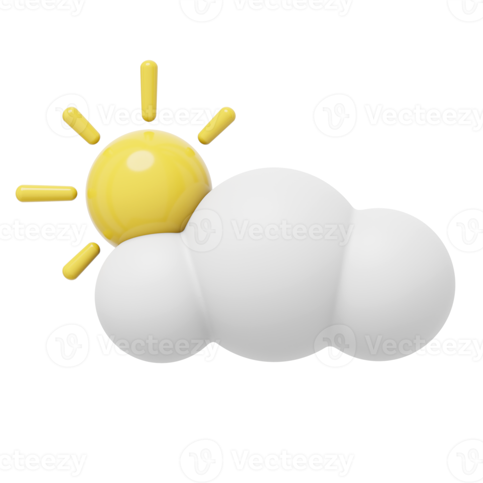 White cartoon cloud with sun. 3D rendering. PNG icon on transparent background.