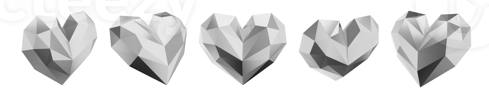 Set of silver  low poly hearts. Views from different sides. 3D rendering. Symbol of love, likes, romance. PNG icon on transparent background.