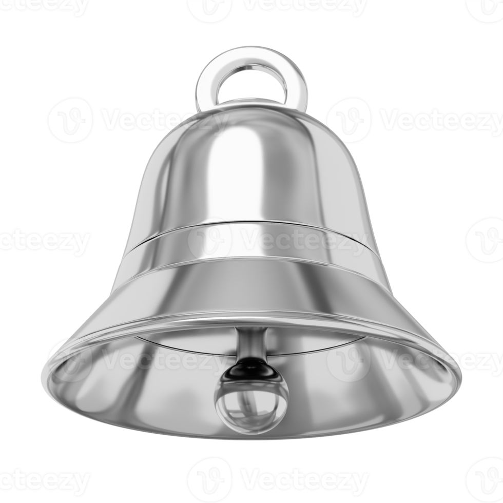 Bell metal silver, notification symbol. 3D rendering. PNG icon on transparent background.