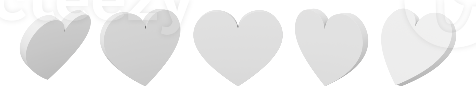 Set of white flat hearts. Views from different sides. 3D rendering. Symbol of love, likes, romance. PNG icon on transparent background.