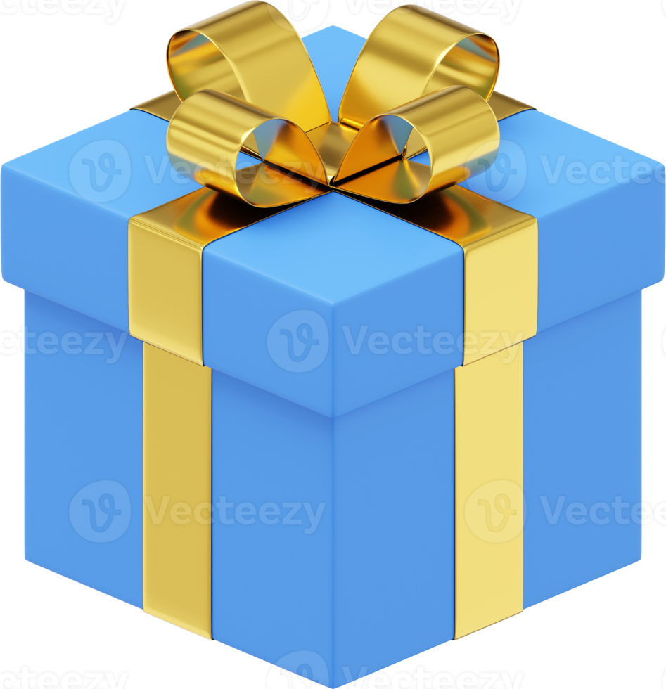 Realistic blue gift box with ribbon. 3D rendering. PNG Icon on transparent background.