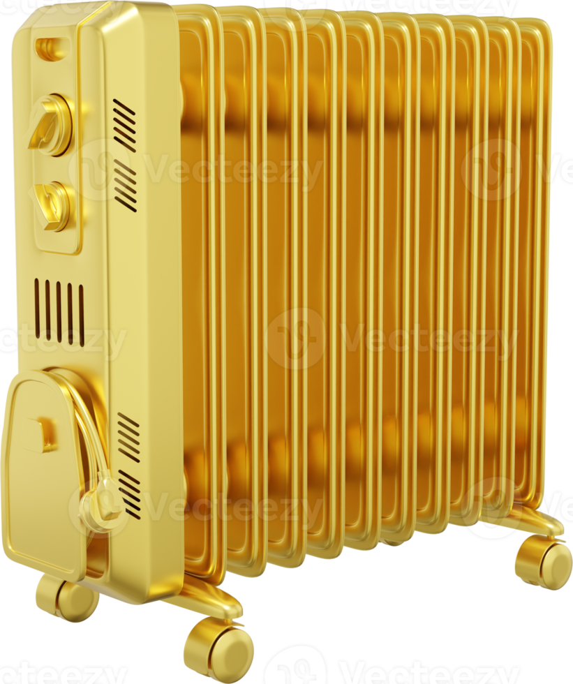 Electric oil radiator heater. Gold PNG icon on transparent background. 3D rendering.