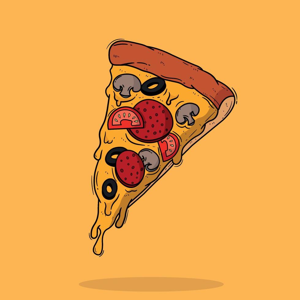 sabroso vector vivo de pizza aislado. comida italiana con queso, aceitunas, champiñones y tomate. salsa roja. comida deliciosa.
