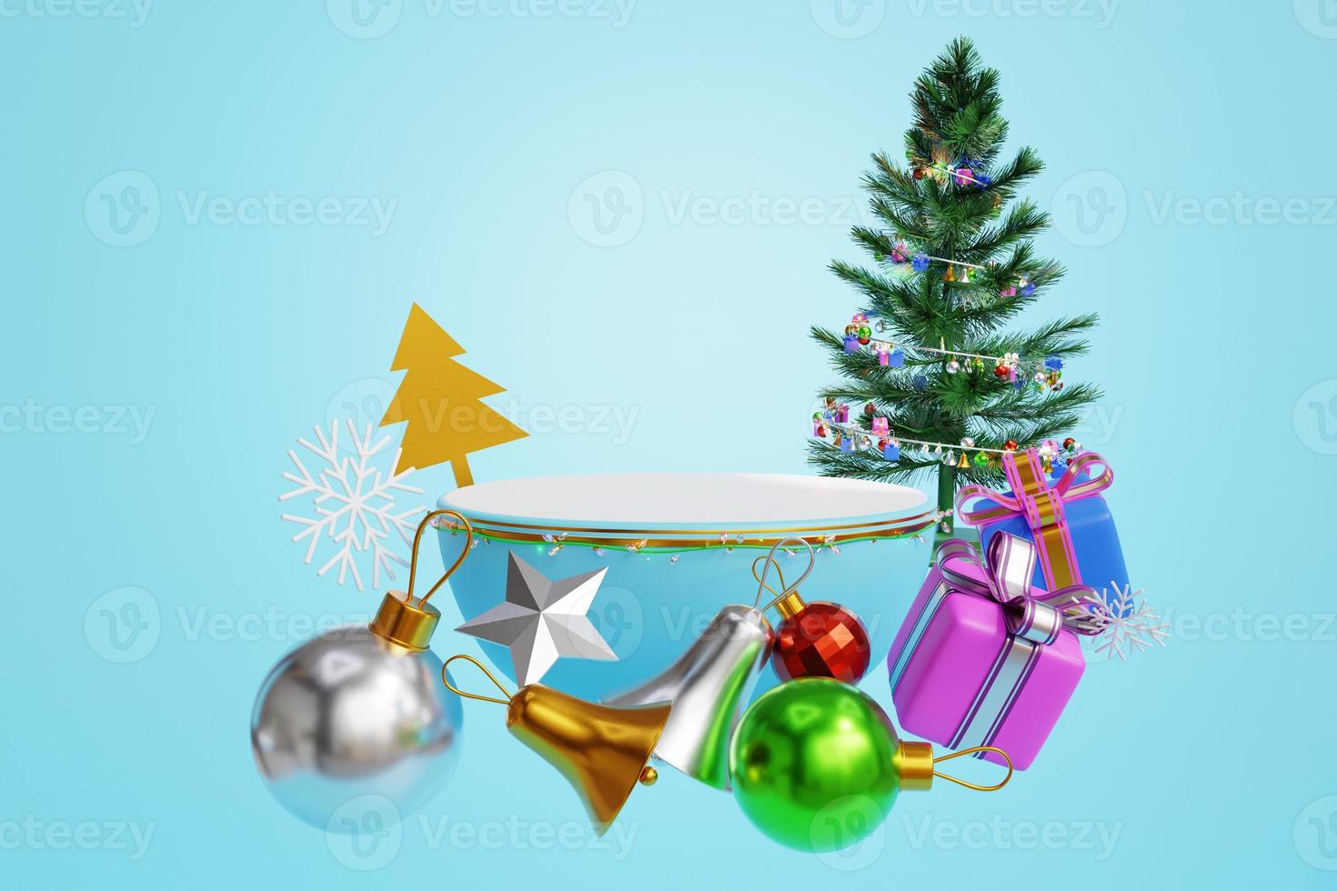 3d illustration blue background scene mockup of elegant christmas and happy new year Podium for displaying cosmetic products podium or stage winter holiday celebration christmas tree snow gift gold photo