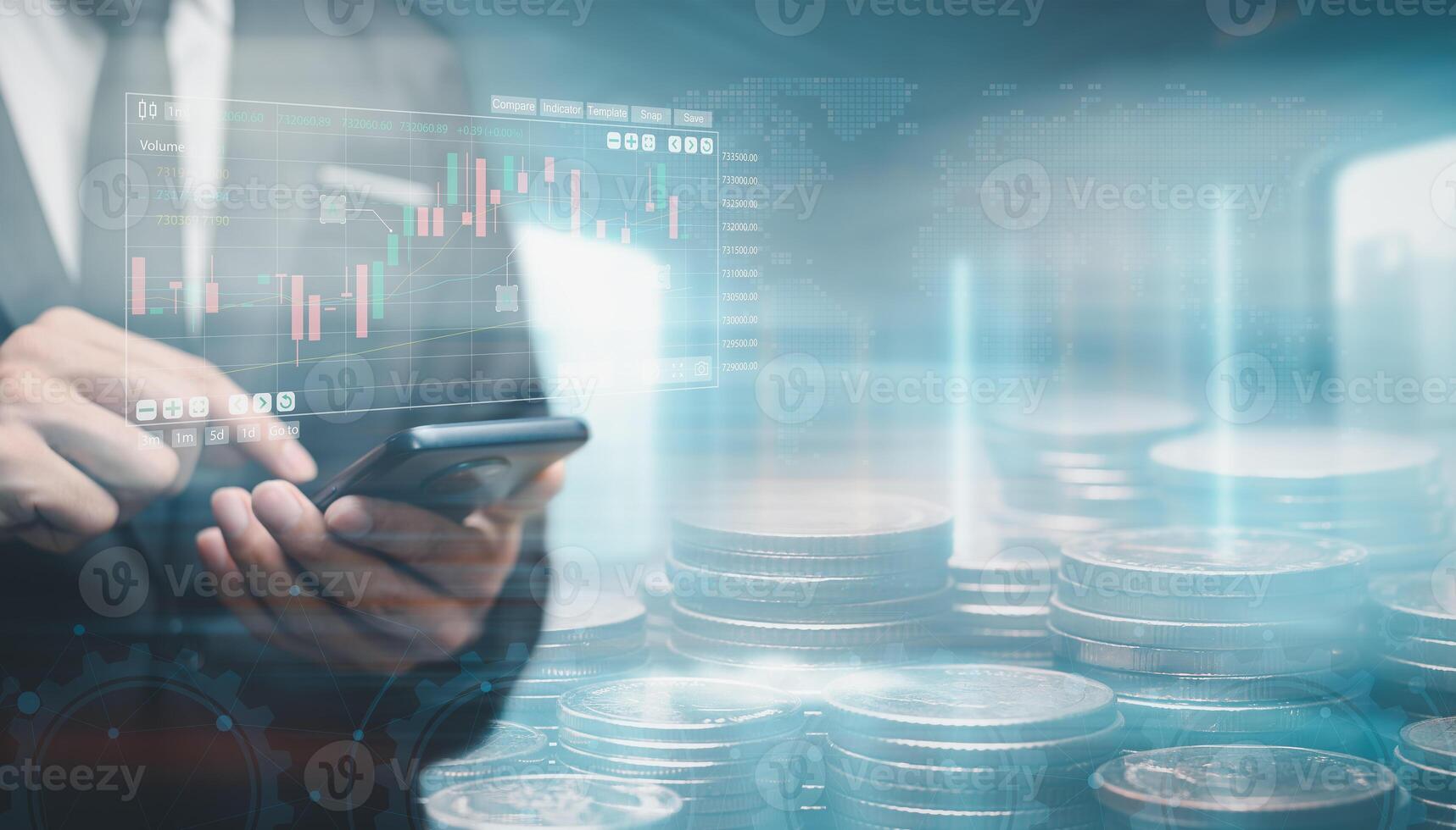 Currency exchange, money transfer, FinTech financial technology, World economy report. Man using mobile phone with forex trading graph, stock market report photo