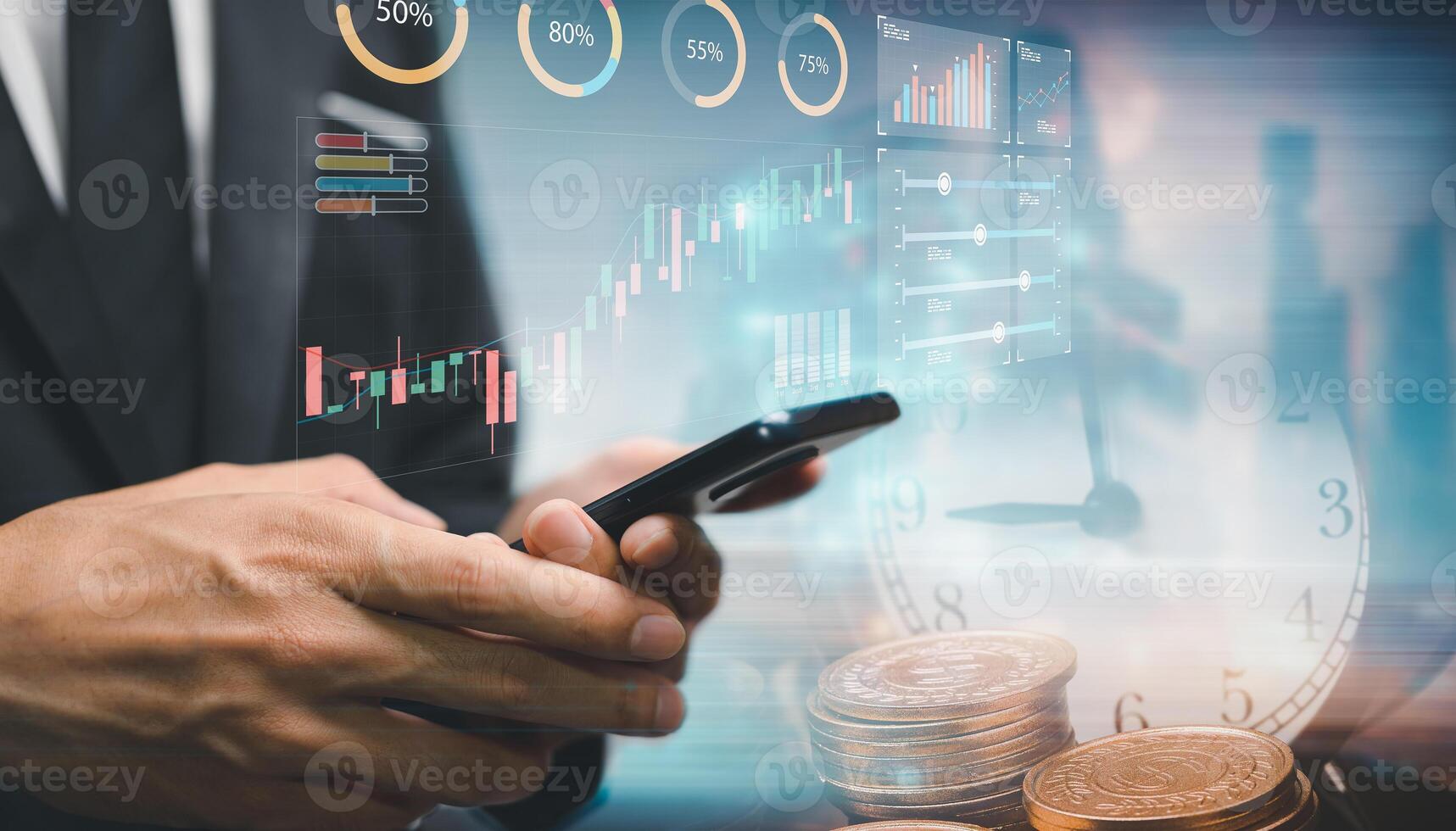 Currency exchange, money transfer, FinTech financial technology, World economy report. Man using mobile phone with forex trading graph, stock market report photo