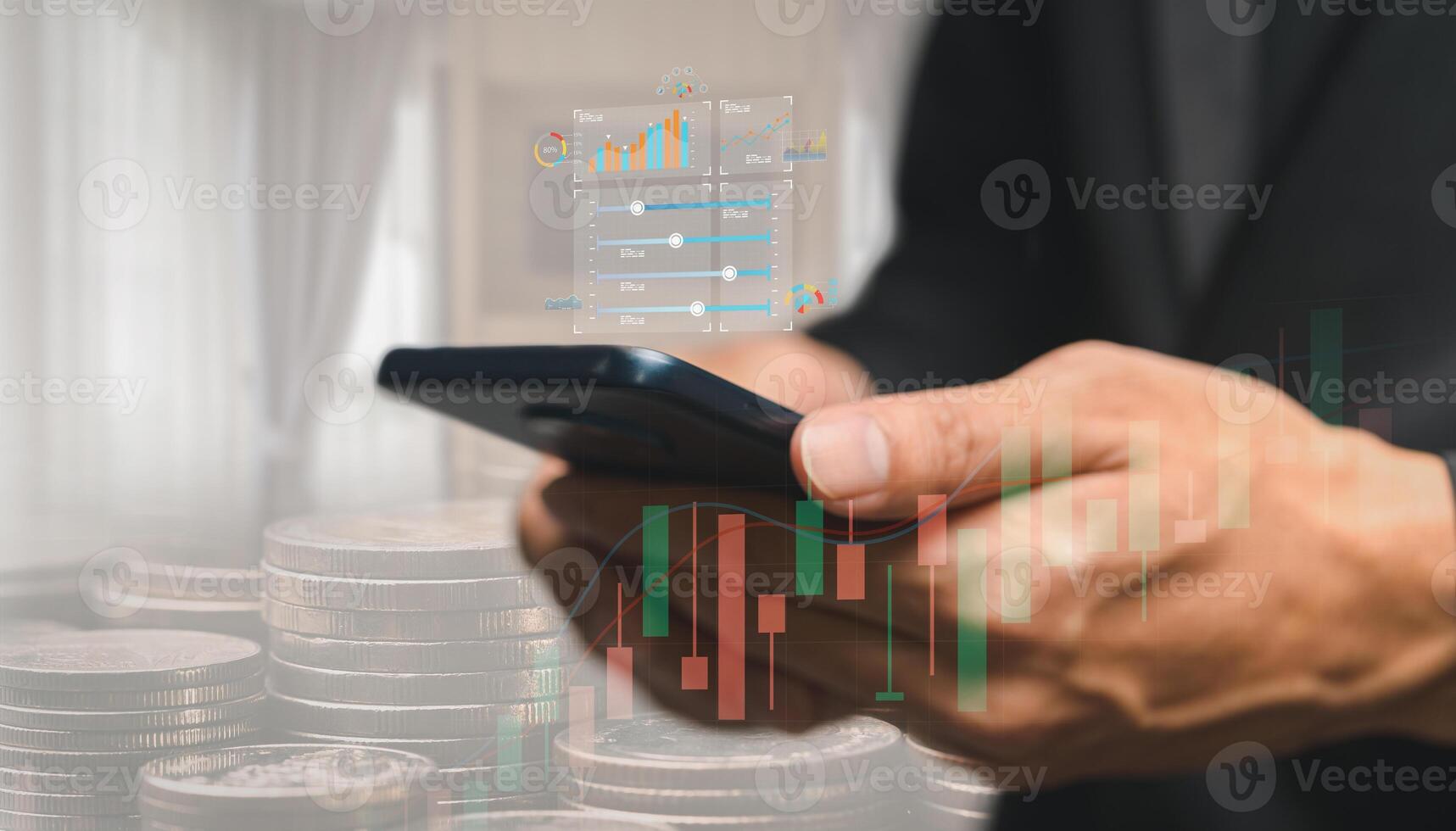 Currency exchange, money transfer, FinTech financial technology, World economy report. Man using mobile phone with forex trading graph, stock market report photo