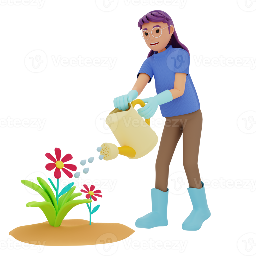 niña regando plantas ilustración de personajes 3d png