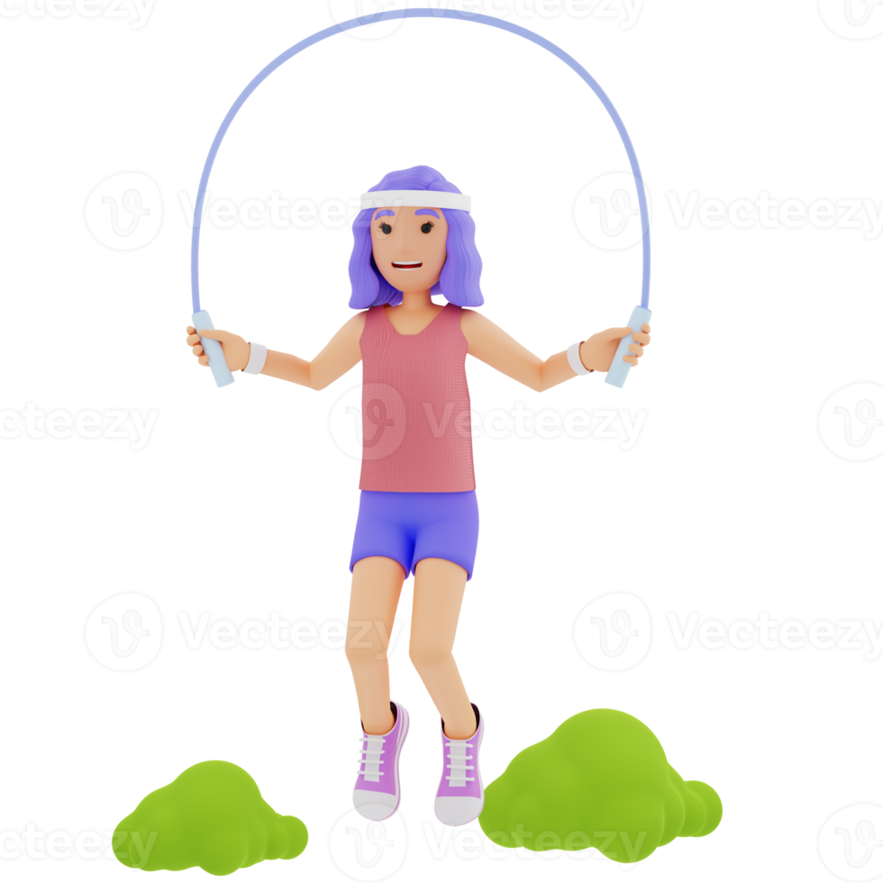 femme jouant à la corde à sauter, illustration de personnage 3d png