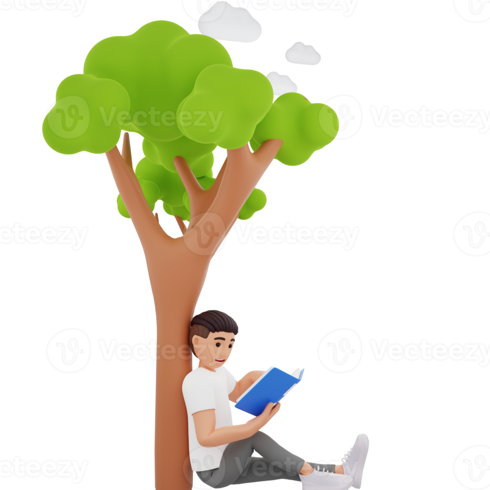 Boy reading book while sitting under a tree, 3D character illustration png