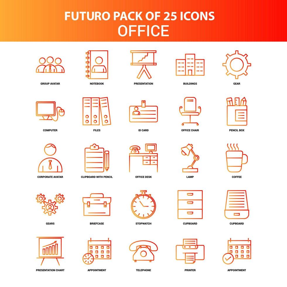 conjunto de iconos de oficina naranja futuro 25 vector