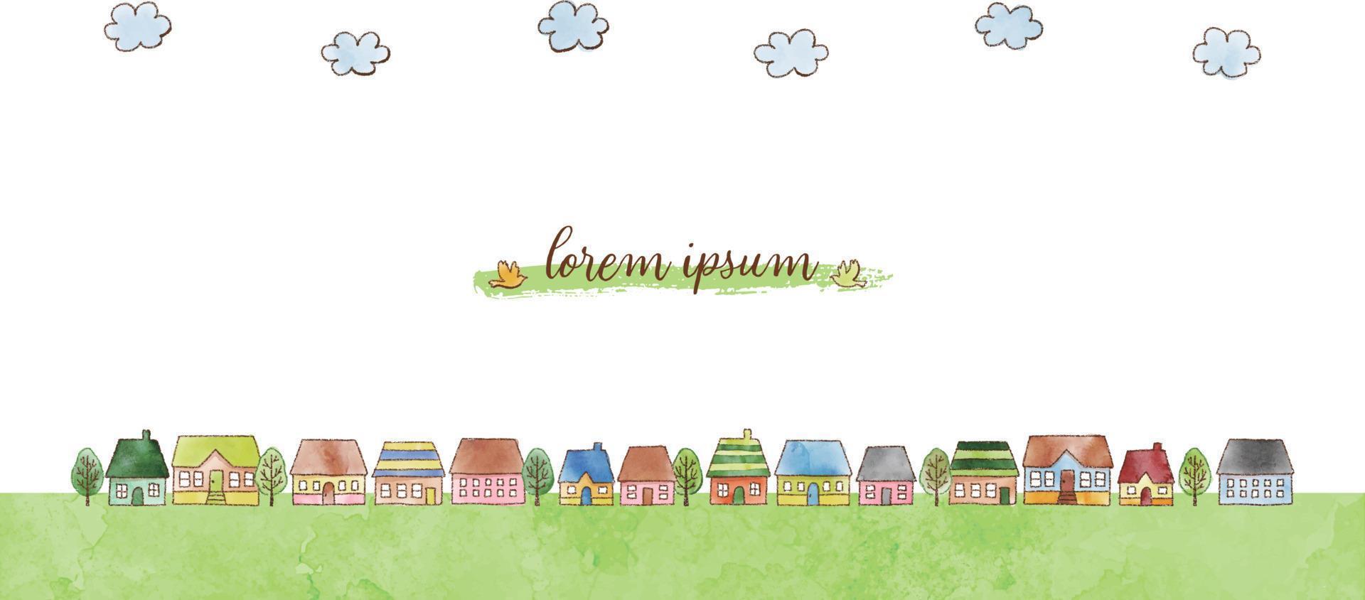 watercolor hand drawn houses and trees. cute townscape illustration for background vector