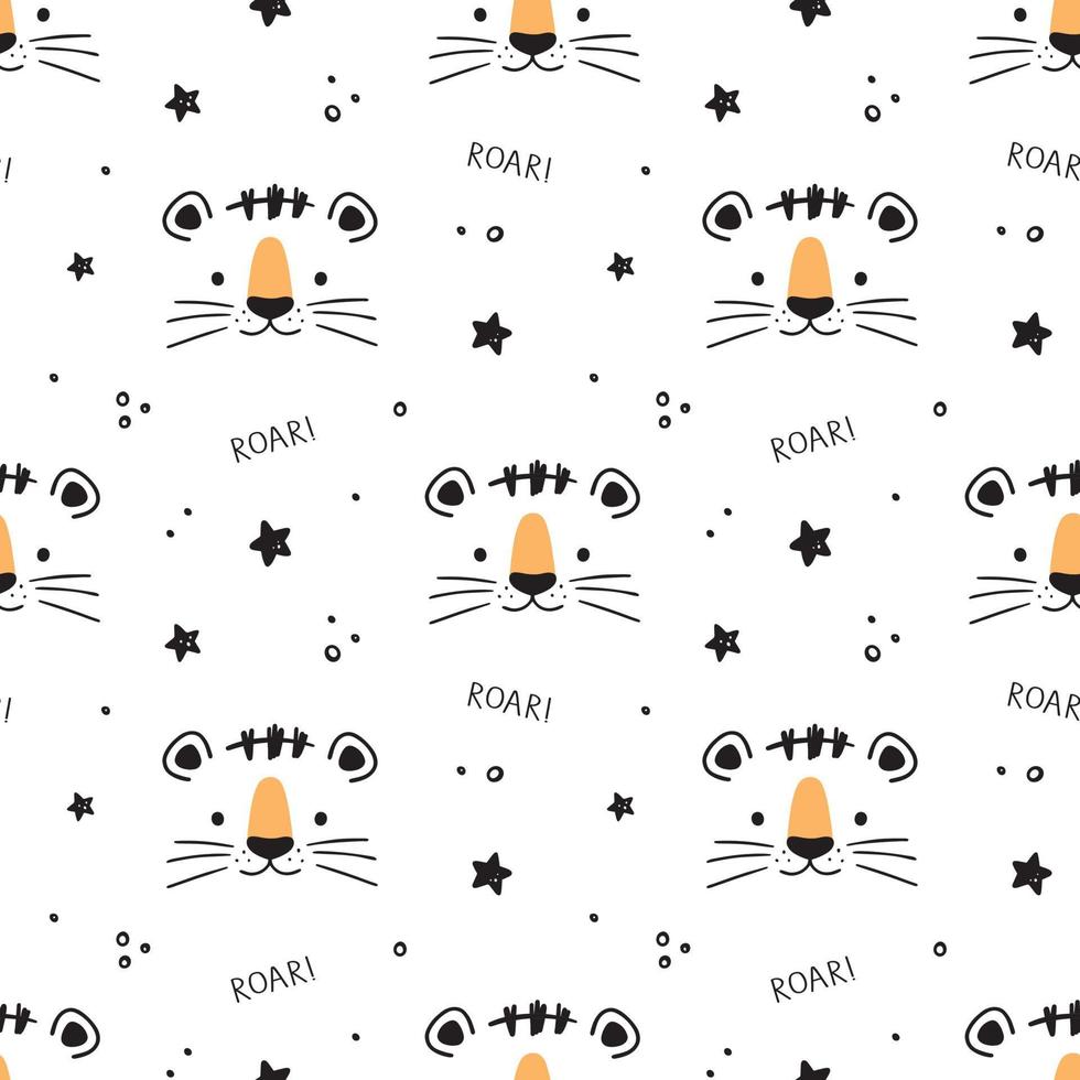 Cute scandinavian seamless pattern with little Tiger face, stars and lettering roar in doodle style. Vector illustration - cartoon tiger.