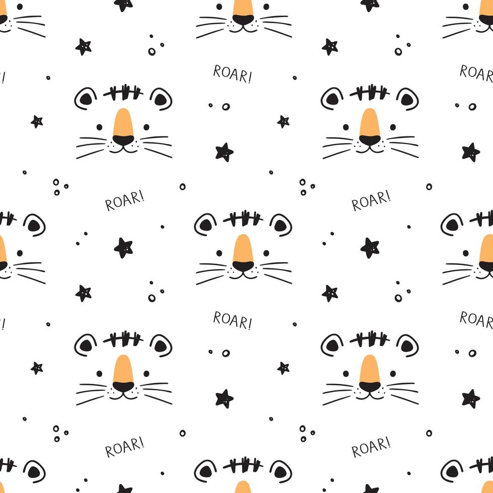 Cute scandinavian seamless pattern with little Tiger face, stars and lettering roar in doodle style. Vector illustration - cartoon tiger.