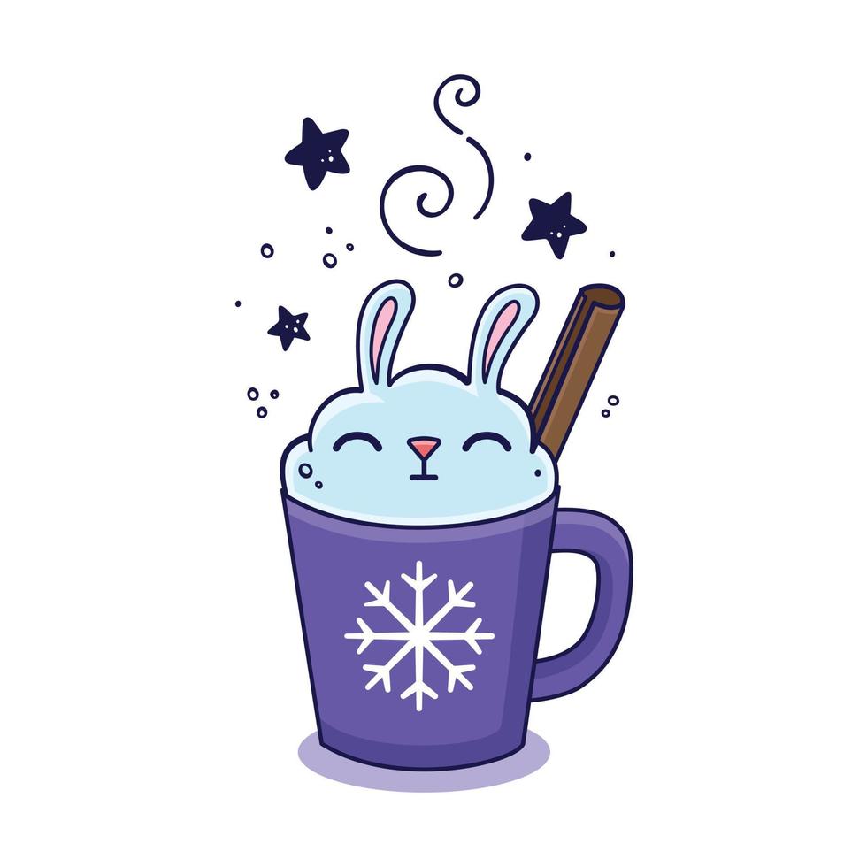 Christmas drink decorated as a whipped cream bunny with a cinnamon stick. Winter hot beverage in doodle style. Hand drawn illustration. Milkshake hare, rabbit, zodiac symbol of chinese new year vector