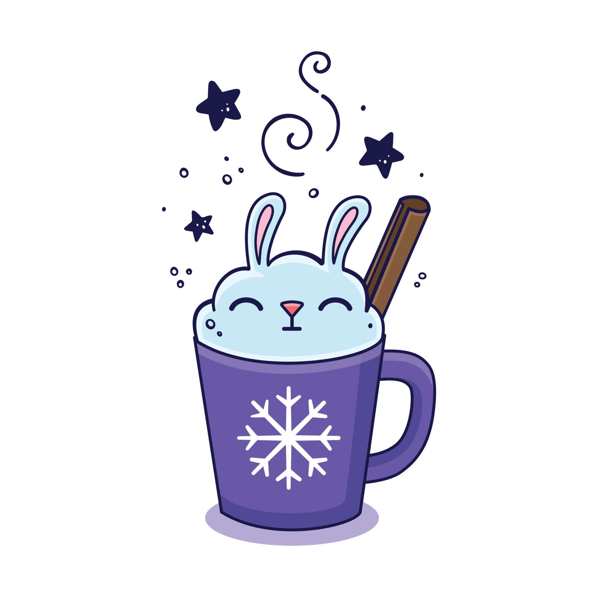 Christmas drink decorated as a whipped cream bunny with a cinnamon stick. Winter hot beverage in