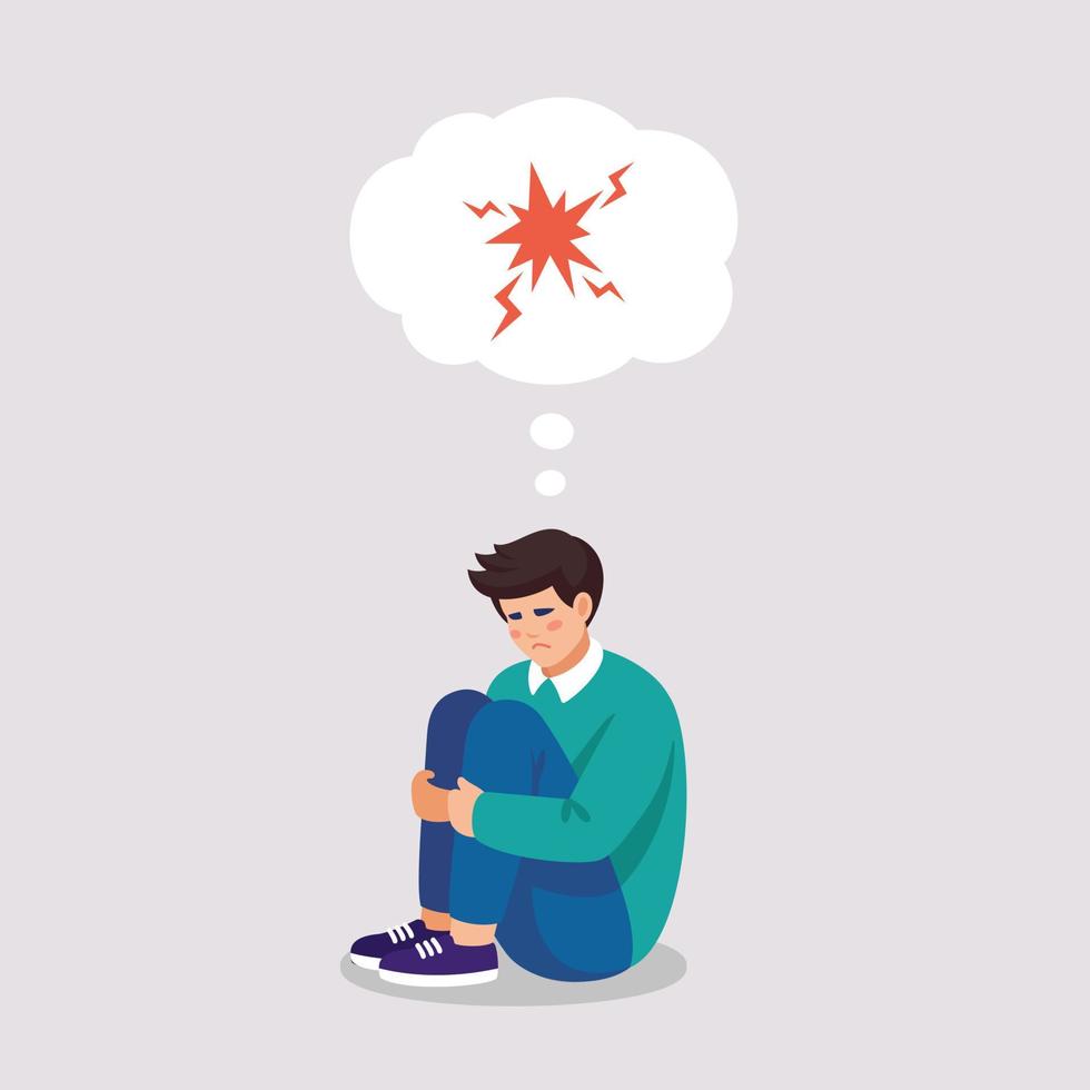 Angry tired man suffers by symptoms of depressive disorder, stress, anger, no energy, owerworked. Vector illustration about mental problems in cartoon flat style.