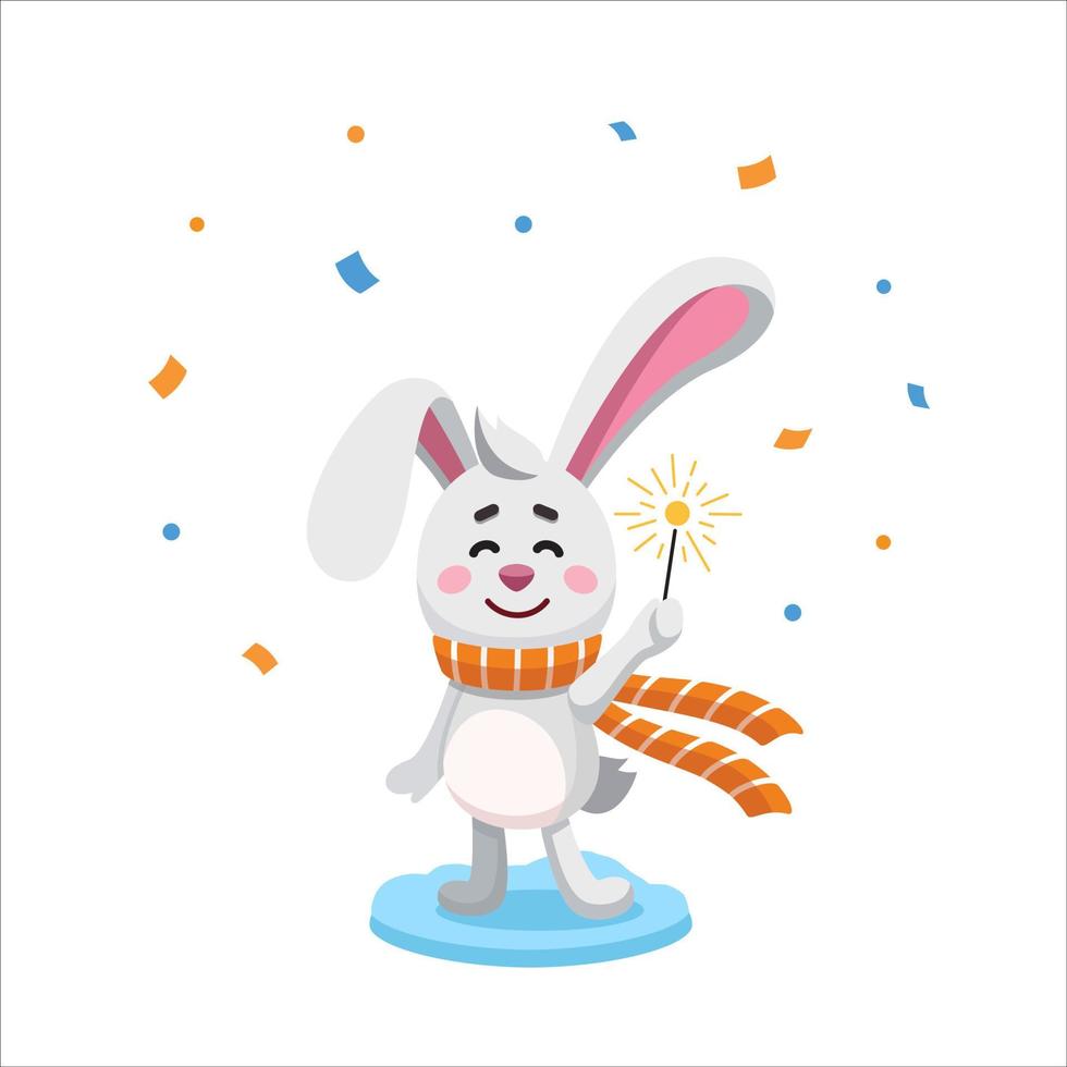 Year of rabbit zodiac. Hare with sparkler and confetti, chinese new year postcard. Symbol of lunar new year. Vector cartoon rabbit. Character, mascot, symbol, sign of Chinese New year.