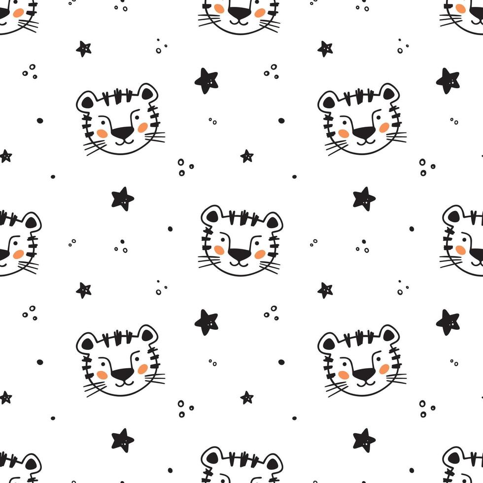 Cute scandinavian seamless pattern with little Tiger face, stars and dots in doodle style. Vector illustration - cartoon tiger.