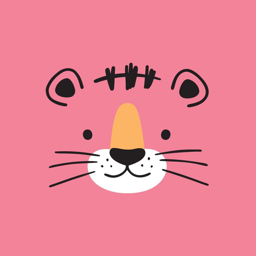 Cute simple animal portrait of tiger for designing baby clothes. Hand drawn kids illustration - Tiger face. Vector illustration in doodle style on pink background