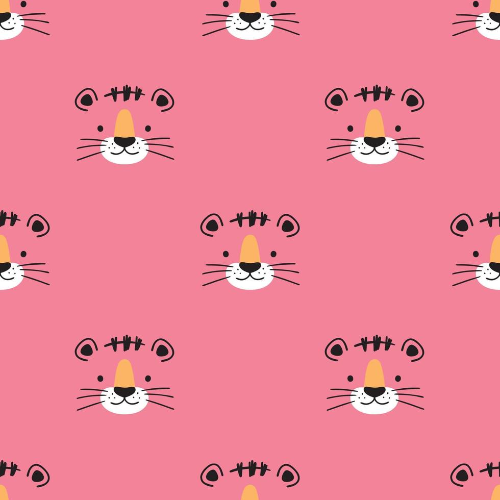 lindo patrón sin costuras con carita de tigre en estilo de garabato sobre fondo rosa. ilustración vectorial - tigre de dibujos animados, para diseñar ropa de bebé. vector