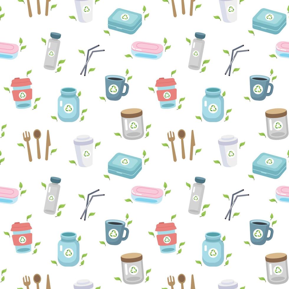 Zero waste concept seamless pattern with different elements. Sustainable lifestyle, ecological concept. Vector illustration in cartoon style