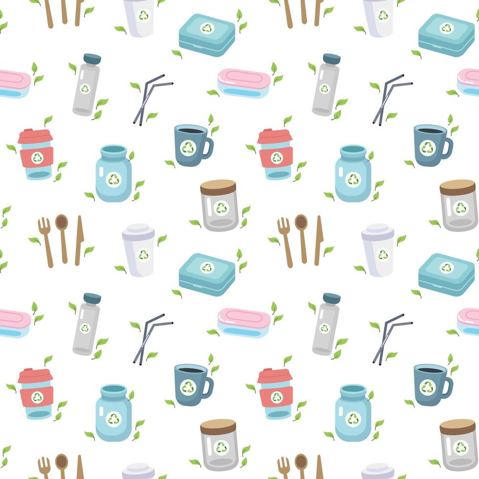 Zero waste concept seamless pattern with different elements. Sustainable lifestyle, ecological concept. Vector illustration in cartoon style