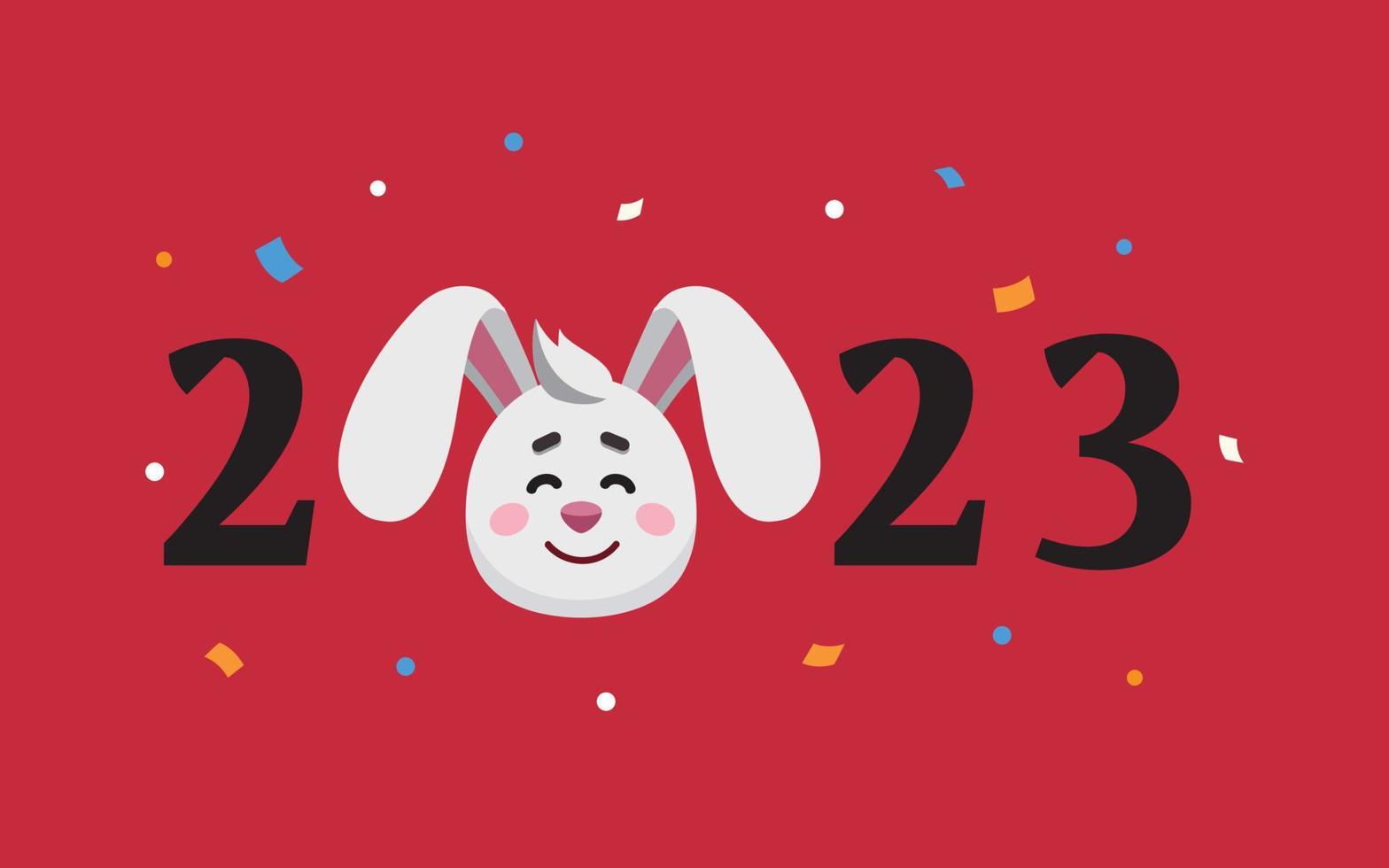 The year of the rabbit zodiac. 2023 year text with rabbit head and confetti, chinese new year postcard. Symbol of lunar new year. vector