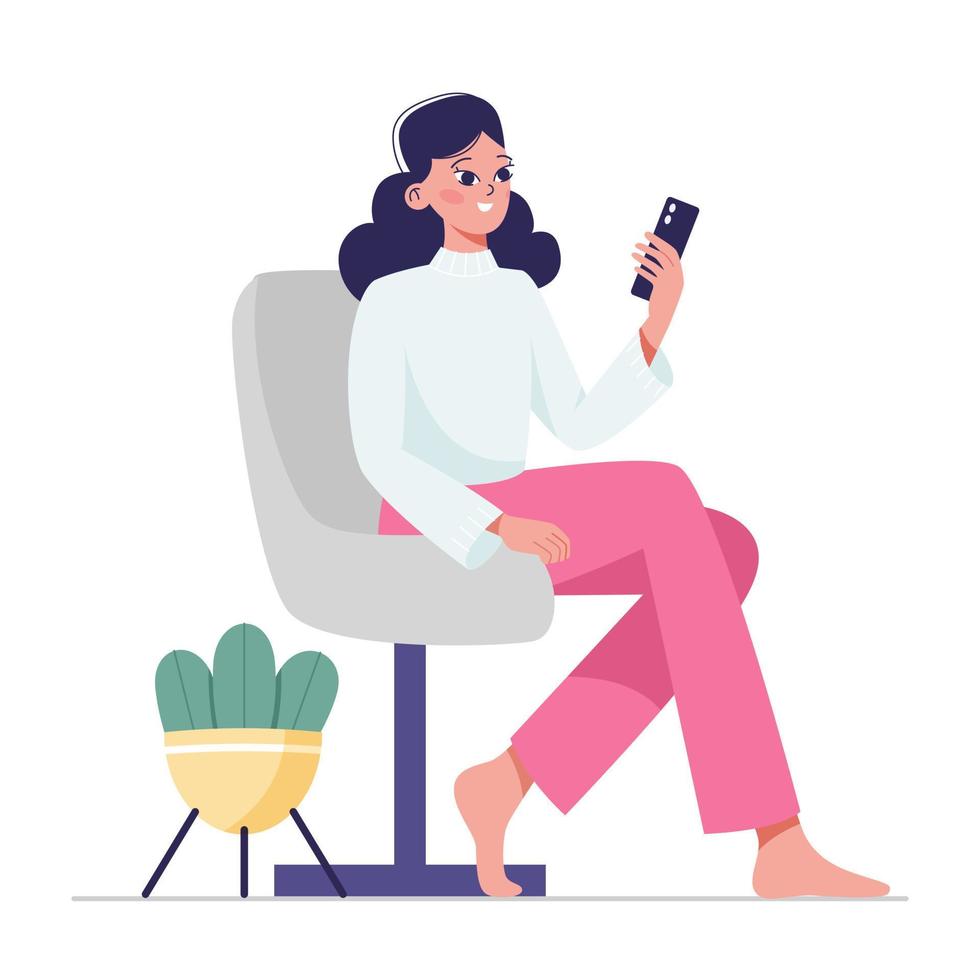 A woman is sitting on a chair with a phone in her hands. The concept of online ordering, shopping, and delivery. Flat vector illustration.