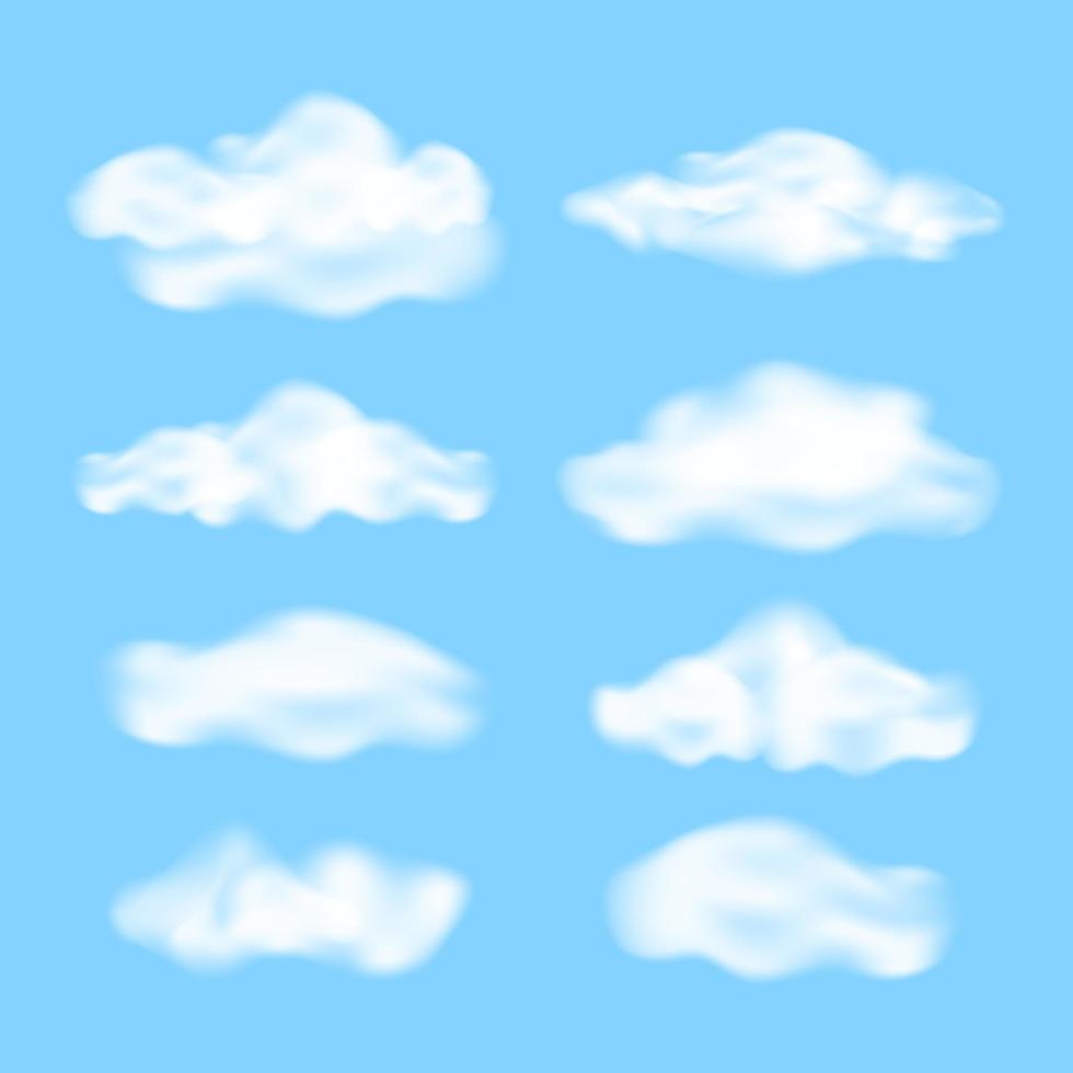 Set of realistic fluffy clouds on a blue background. Various white clouds. Vector illustration.